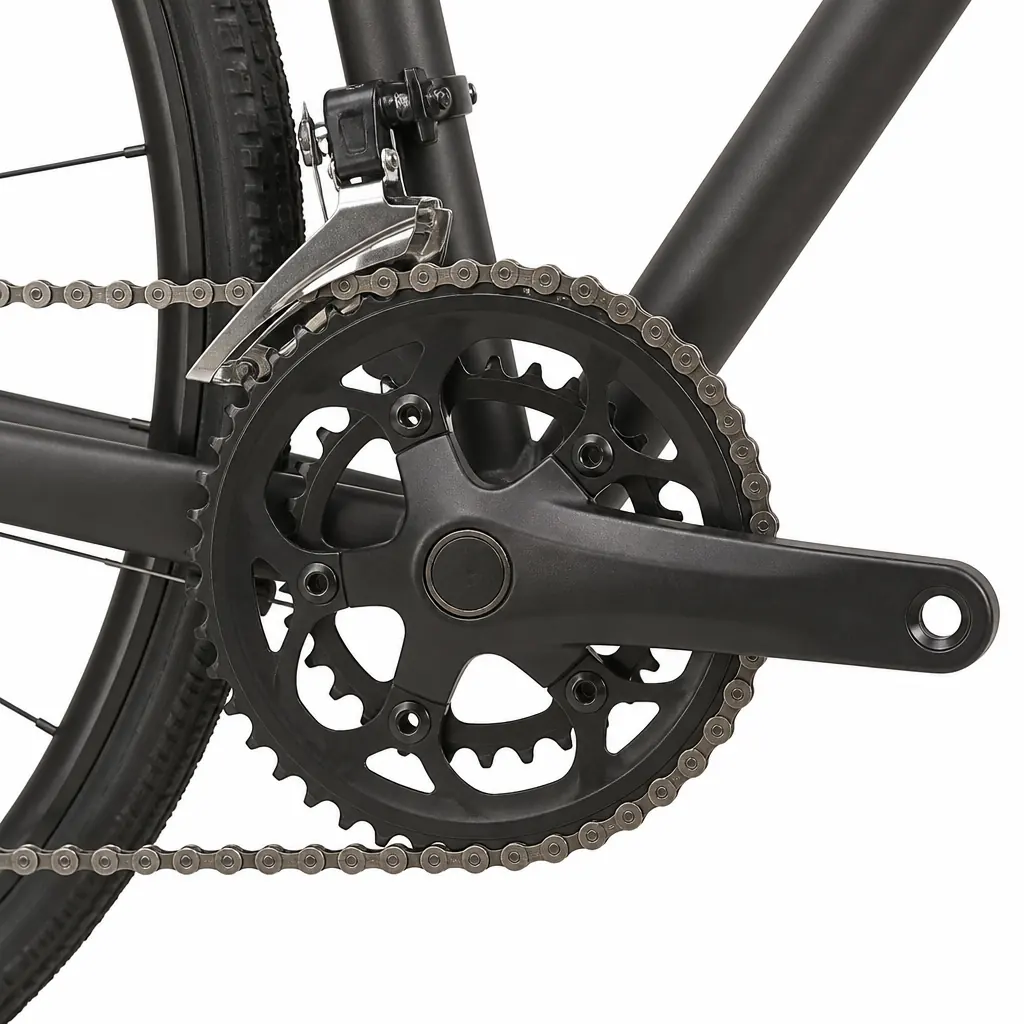 自転車のクランクまわりで、チェーンリング、チェーン、フロントディレイラーの位置関係を広めに確認している写真
