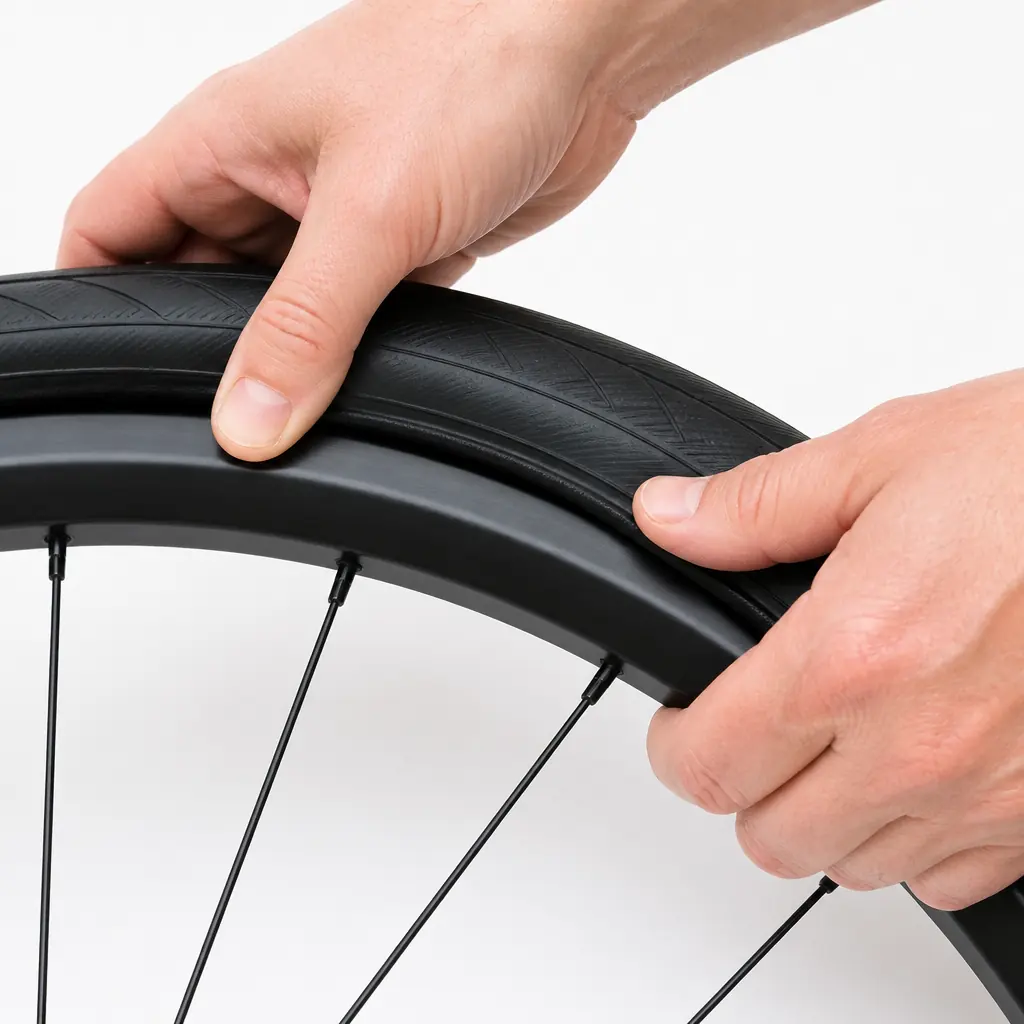 自転車タイヤ交換で、新しいタイヤの回転方向を確認しながら片側ビードをリムへ入れている写真